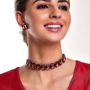 Black & Maroon Stone Studded Jewellery Set - Maroon