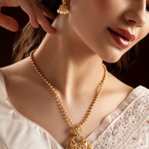18K Gold-Plated Chandbali Pendant Jewellery Set with Golden Bead & White Pearl Drop - Gold
