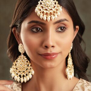 Opulent 22k Gold Plated Kundan Pearl Beaded Jewelry Set - Gold