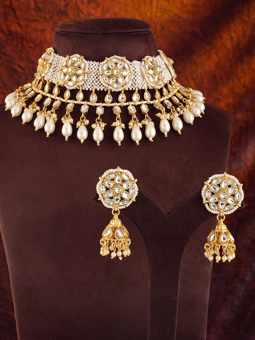 Opulent Reverie 22K Gold Plated Kundan and Pearl beaded Choker jewelry Set - Gold