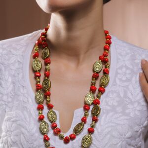 Oxidised Antique Gold-Plated Dual-Layer Necklace with Red Carved Beads & Tribal Oval Discs - Red