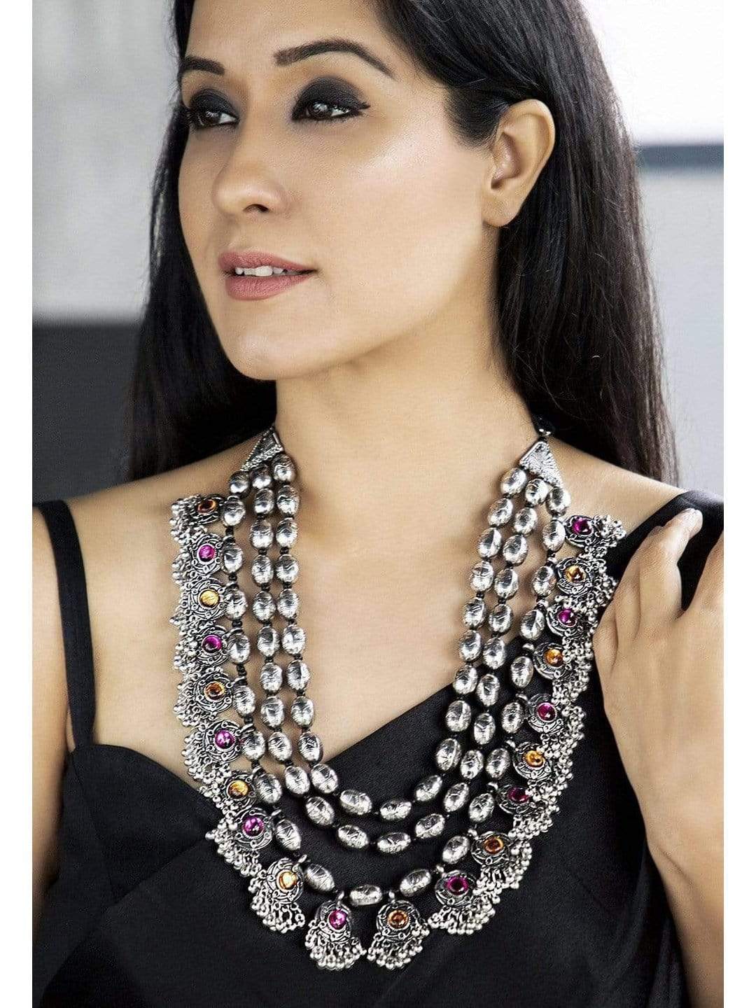 Oxidised Boho Colorstone Statement Necklace - Multicolor