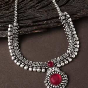 Oxidised Necklace with Stone - Red