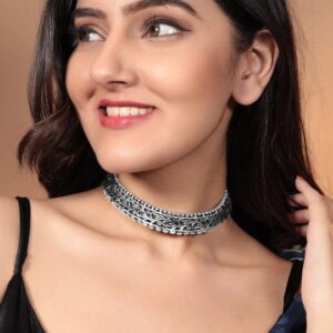 Oxidised Silver-Plated Antique Choker Necklace - Silver