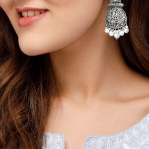 Oxidised Silver-Plated Antique Design Earrings with White Pearl Drops - Silver