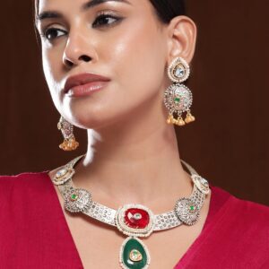 Oxidised Silver-Plated Choker Necklace Set with Ruby, Emerald, Pearl & Gold Beads - Ruby & Green