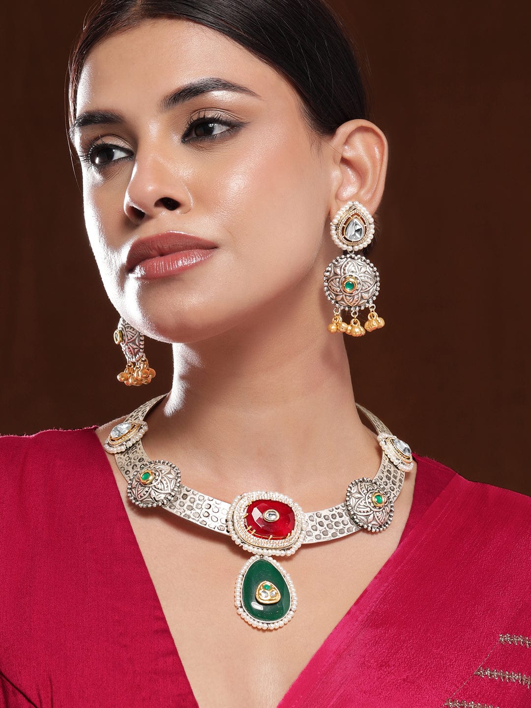 Oxidised Silver-Plated Choker Necklace Set with Ruby, Emerald, Pearl & Gold Beads - Ruby & Green