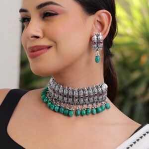 Oxidised Silver-Plated Green Beaded & Pink Stone Studded Choker Set - Pink & Green