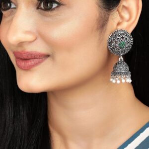 Oxidised Silver-Plated Green Stone & Pearl Beaded Jhumkas Earrings