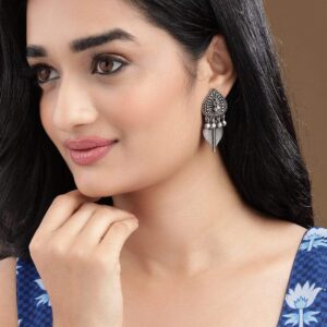 Oxidised Silver Plated Handcrafted Leaf Shape with Ghungroo Drop Earrings - Silver