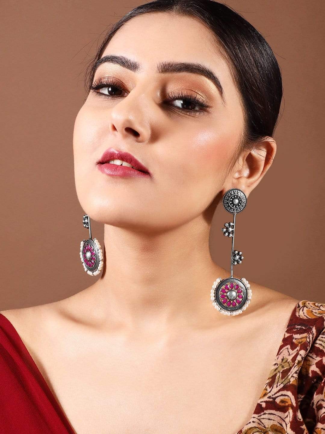 Oxidised Silver Plated Handcrafted Ruby Stone with White Pearls Drop Earrings - Silver