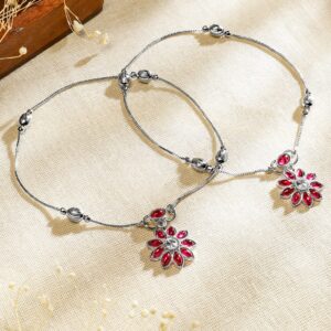 Oxidised Silver-Plated Ruby Pink & White Kundan Studded Floral Charm Anklet Set of 2 for Women