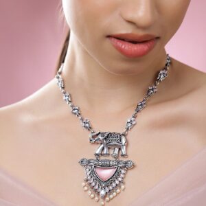 Oxidised Silver-Plated Statement Necklace with Elephant Motif, Pink Enamel & Pearl Detailing