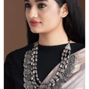 Oxidised Silver Toned Embellished With Multilayer Statement Necklace - Silver