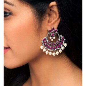 Oxidised Silver Toned Faux Ruby Studded Embellished With Pearl Chandbali Earrings - Pink