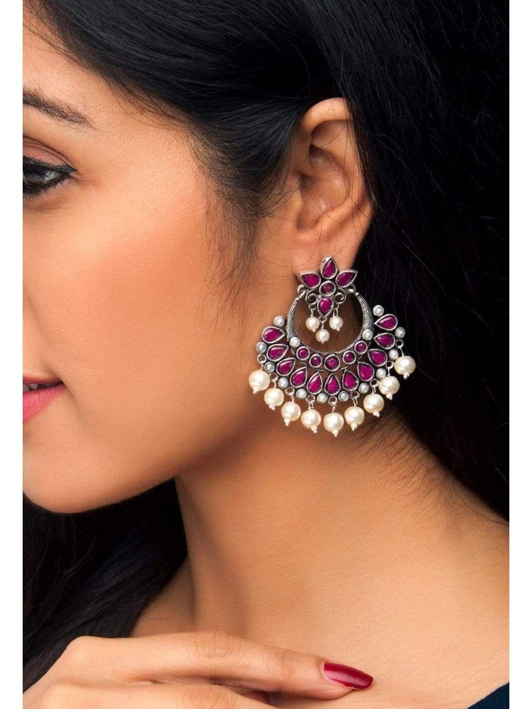 Oxidised Silver Toned Faux Ruby Studded Embellished With Pearl Chandbali Earrings - Pink