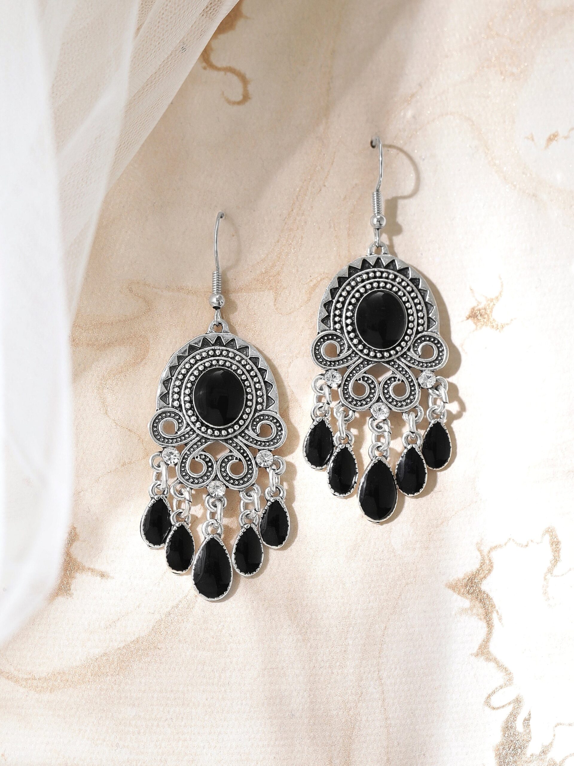 Oxidised Silver Toned Handcrafted Black Enamel Handpainted Drop Earrings - Black