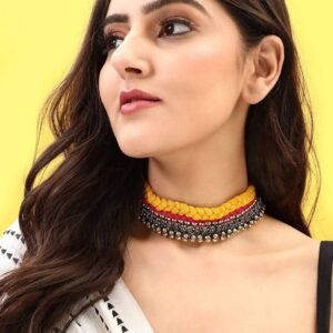 Oxidised Silver-Toned Orange Kerala Choker Necklace - Multicolor