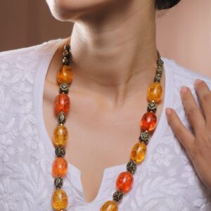 Oxidized Antique Gold Bohemian Necklace with Amber Orange & Yellow Textured Beads - Orange