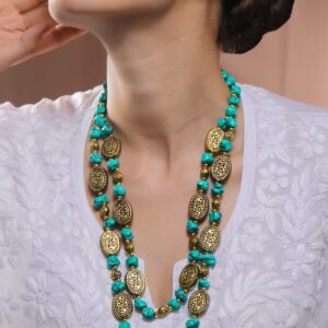 Oxidized Antique Gold-Plated Dual-Layer Necklace with Multicolor Raw Beads & Tribal Oval Discs - Turquoise Blue & Gold