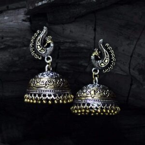 Oxidized Dual Tone Peacock Stud Metal Jhumki Earring - Gold