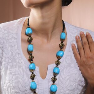Oxidized Turquoise Blue Beaded Bohemian Necklace with Antique Gold Accents & Black Beads - Turquoise Blue