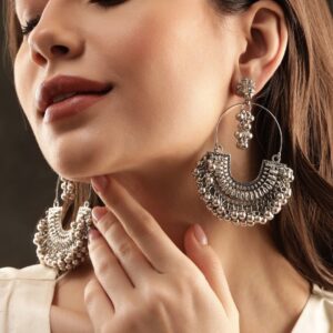 Oxidized Plated Peackok Motif Ghungroo Beaded Handcrafted Jhumka Earrings - Silver