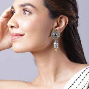 Oxidized Rhodium Plated Silver Tone Black Stone Studded Classic Drop Earrings - Silver