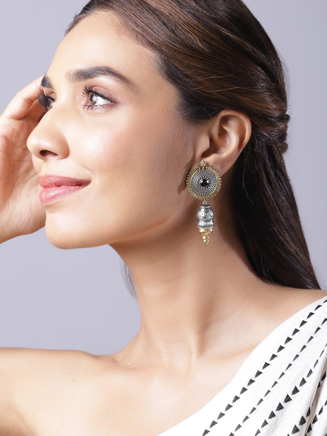 Oxidized Rhodium Plated Silver Tone Black Stone Studded Classic Drop Earrings - Silver