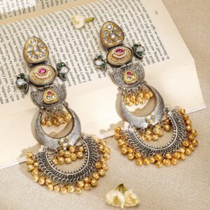 Oxidized Silver & Gold-Plated Long Chandbali with Kundan, Ruby, Emerald & Gold Beads