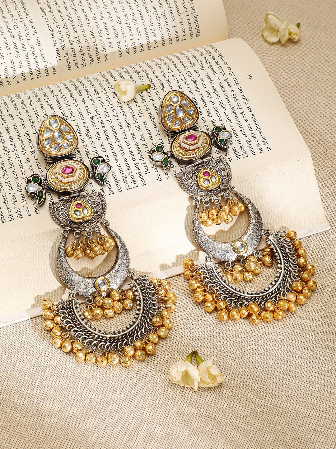 Oxidized Silver & Gold-Plated Long Chandbali with Kundan, Ruby, Emerald & Gold Beads