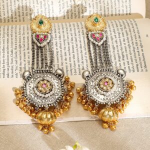 Oxidized Silver & Gold-Plated Long Dangle Earrings with Ruby, Emerald & Gold Bead Accents