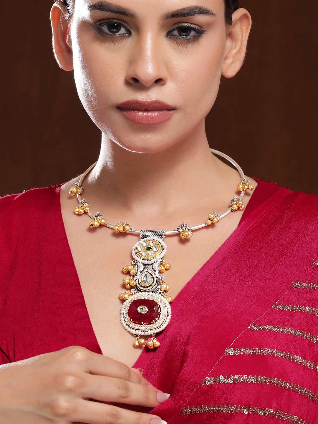 Oxidized Silver & Gold Plated Ruby Red & White Cubic Zirconia Studded Statement Necklace with Golden Beads