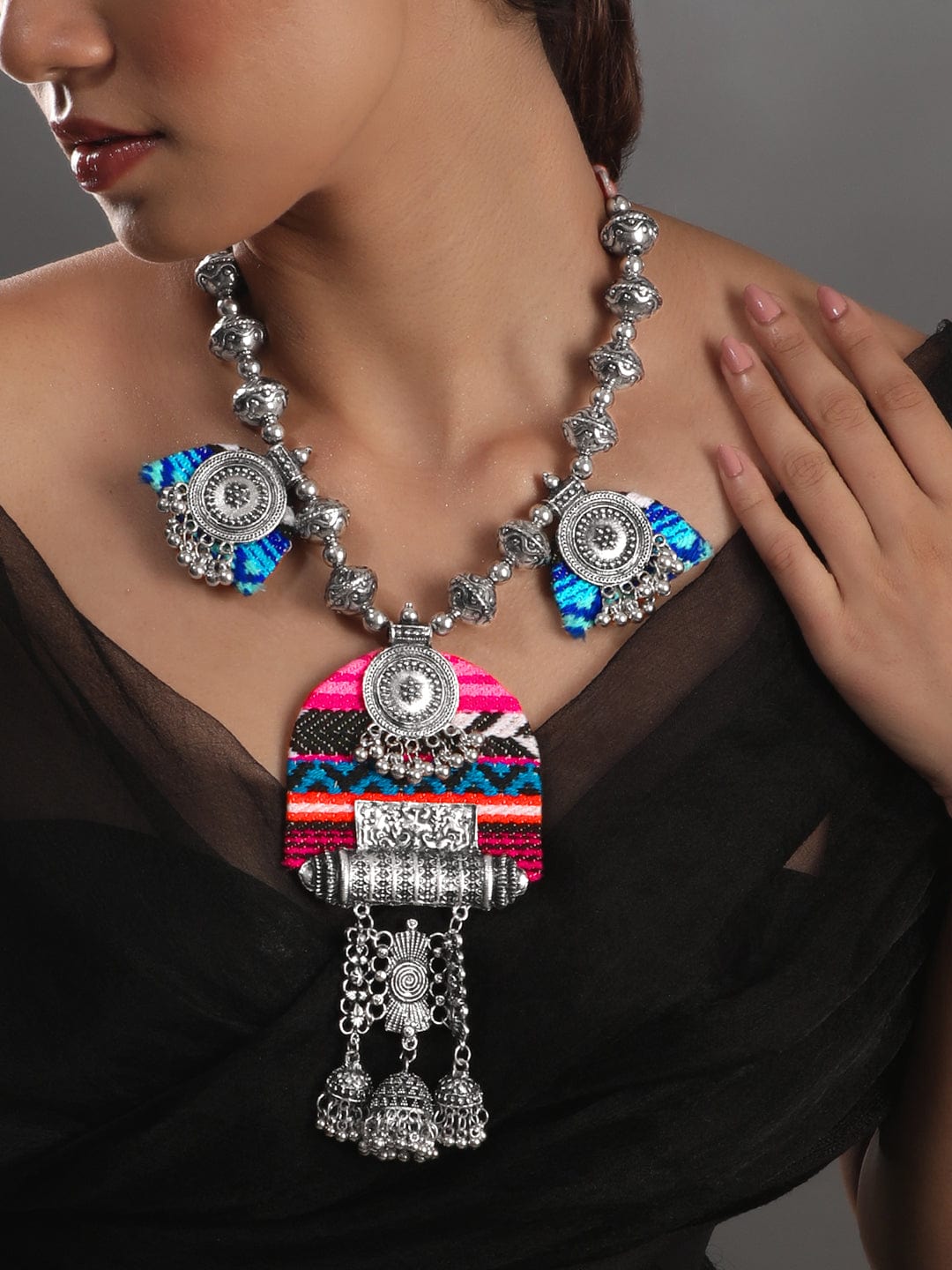 Oxidized Silver Plated Beaded & Threaded Statement Long Necklace - Multicolor