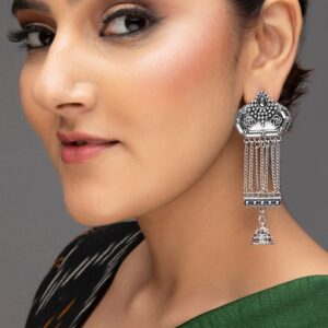 Oxidized Silver-Plated Chain Tassel Earrings with Jhumka Drops