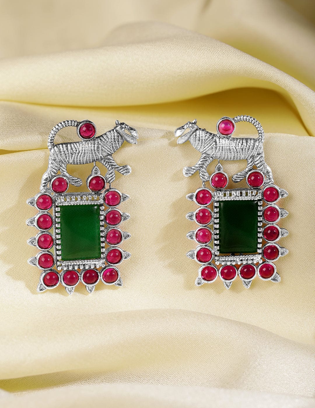 Oxidized Silver Plated Emerald, Ruby & Zirconia Studded Tiger Motif Statement Drop Earrings - Silver