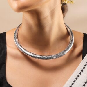Oxidized Silver Plated Floral and Geometric Design Statement Choker Necklace - Silver