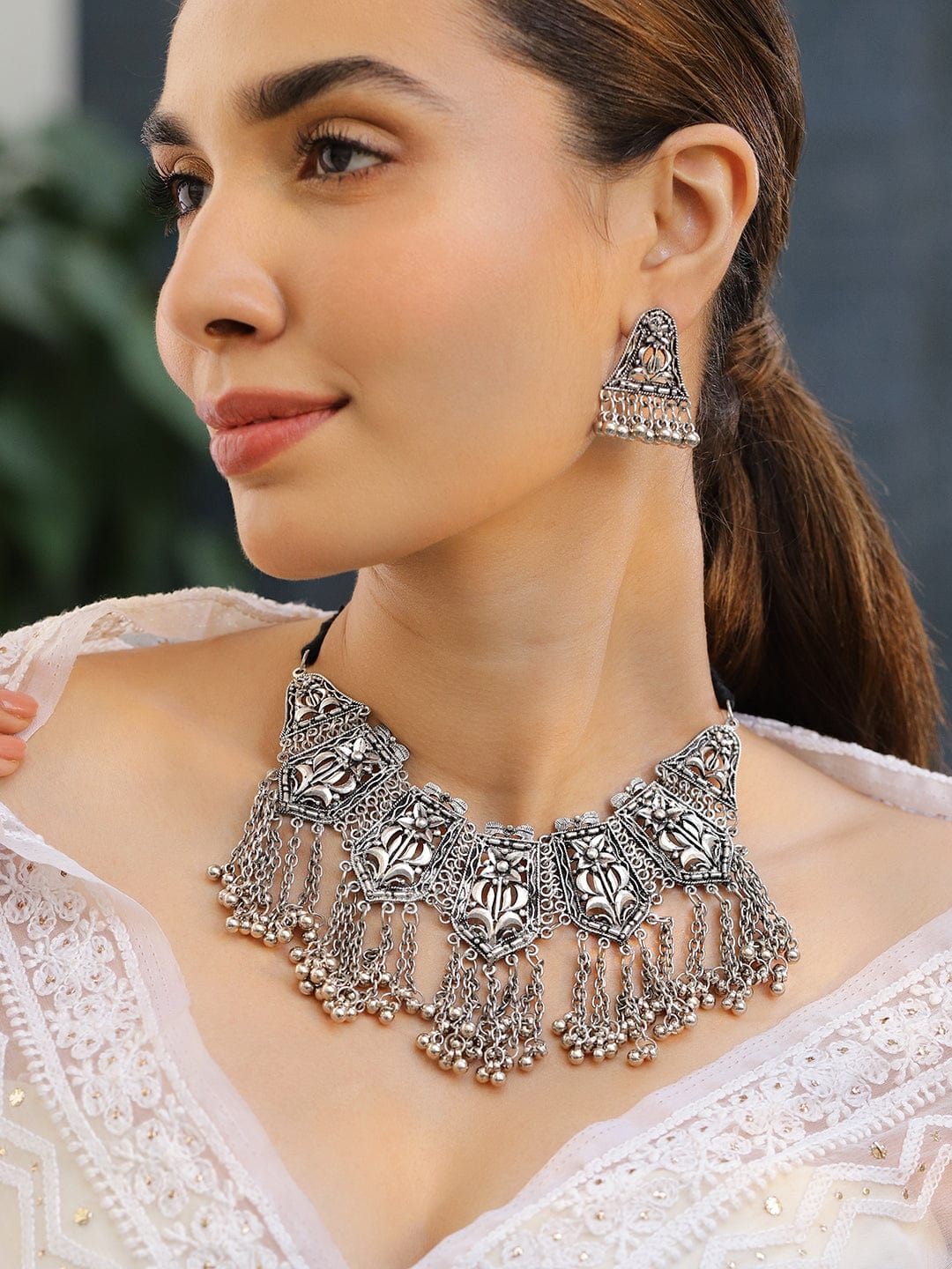 Oxidized Silver-Plated Floral Motif Statement Choker Necklace Set with Chain Tassels for Women