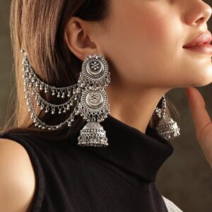 Oxidized Silver Plated Ghungroo Beaded Dome Jhumka with Triple Layer Hair Chain