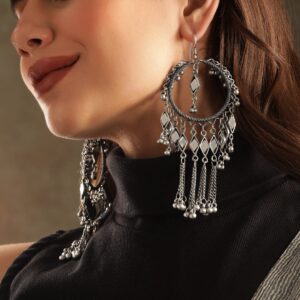 Oxidized silver Plated ghungroo dangle statement Earrings - Silver