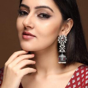 Oxidized Silver Plated Handcrafted Jhumka Earrings - Silver