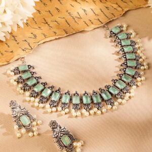 Oxidized Silver-Plated Mint Green Stone Studded Pearl Beaded Necklace Set - Mint Green