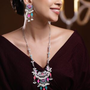 Oxidized Silver-Plated Multicolor Enamel & Pearl Beaded Dangling Necklace Set