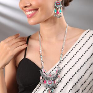 Oxidized Silver-Plated Multicolored Enamel & Beaded Elephant Motif Necklace Set with Dangling Silver Beads