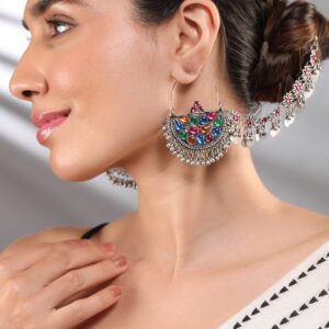Oxidized Silver-Plated Multicolored Enamel Chandbali Earrings with Attached Ear Chain