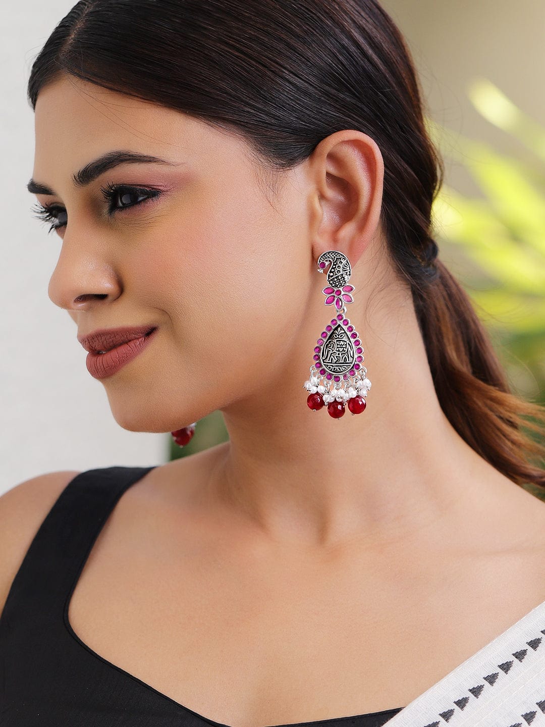 Oxidized Silver-Plated Peacock Motif Pink Stone & Pearl Beaded Earrings