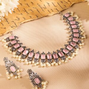 Oxidized Silver-Plated Pastel Pink Stone Studded Pearl Beaded Traditional Necklace Set