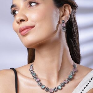 Oxidized Silver-Plated Pink & Turquoise Blue Stone Floral Jewellery Set - Silver