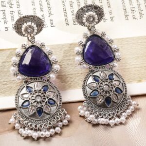 Oxidized Silver-Plated Purple Stone & Blue-White Beaded Statement Drop Earrings