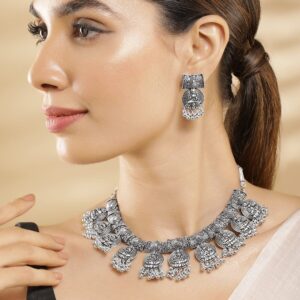 Oxidized Silver-Plated Traditional Goddess Lakshmi Coin Necklace Set with Beads